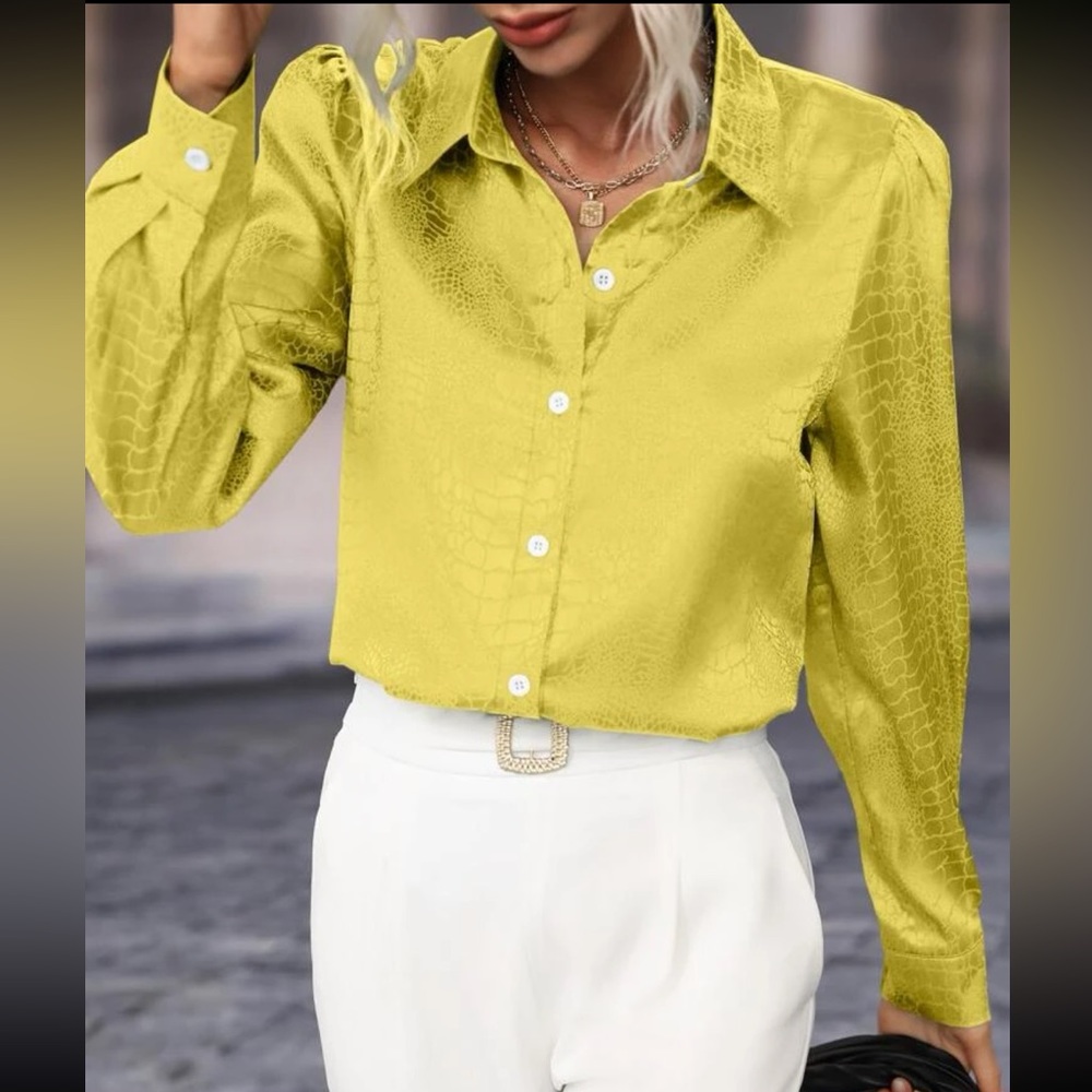 Elegant Satin Jacquard Puff Long Sleeve Button Down Shirt Top Blouse - Picture 4 of 7